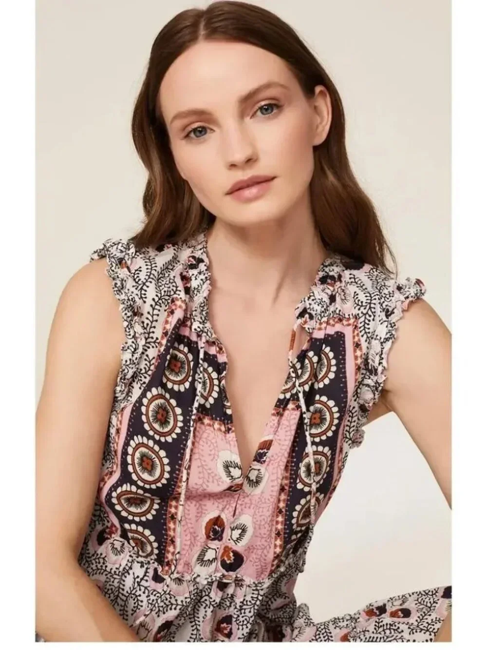FIGUE Clara Tiered Midi Dress in Water Lily Brown Flowy Boho Sleeveless Shift LG